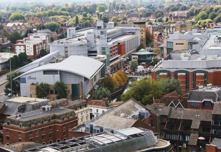 View from The Blade building in Reading, Berkshire; Photo by Dijana Capan; DVision Images; View towards The Oracle Shopping centre and central Reading area