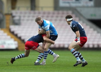 Liam Checksfield of Darlington Mowden Park and Stevie Bryant of Rams RFC during the National Division 1 match between Darlington Mowden Park and Rams RFC at the Northern Echo Arena, Darlington on Sunday 24th October 2021. (Credit: Chris Booth | MI News)