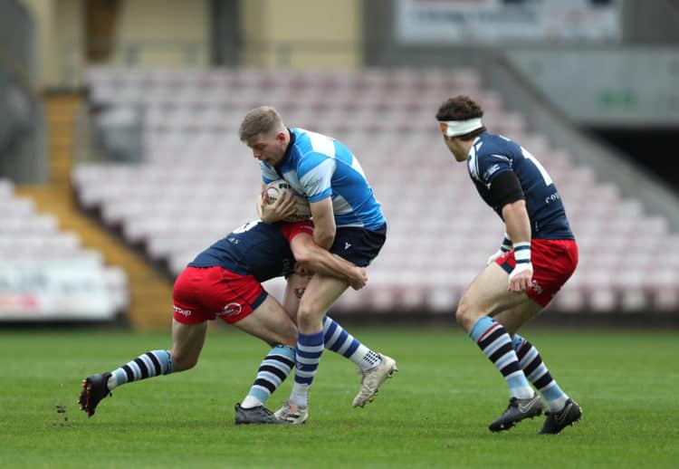 Liam Checksfield of Darlington Mowden Park and Stevie Bryant of Rams RFC during the National Division 1 match between Darlington Mowden Park and Rams RFC at the Northern Echo Arena, Darlington on Sunday 24th October 2021. (Credit: Chris Booth | MI News)
