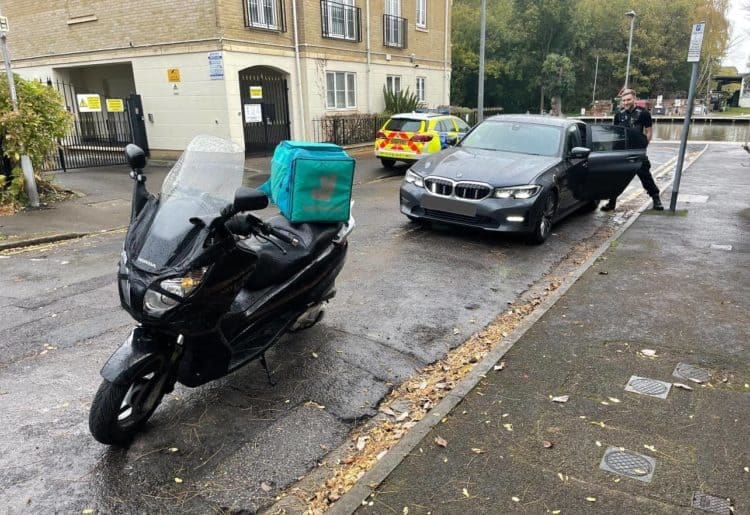 Thames Valley Police stopped a Deliveroo driver for an insurance check and found they had no insurance, or a driving licence ... but they did have several bags of cannabis on them. Picture: Thames Valley Police