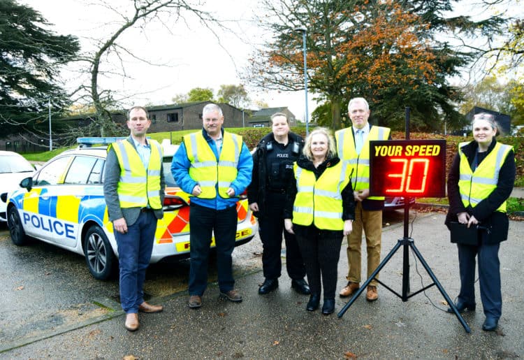 Thames Valley Police and Crime Commissioner Matthew Barber (far left) joined Bracknell MP James Sunderland (second from right), Bracknell Forest councillors and Thames Valley Police officers for the launch of a new Speedwatch initiative across the region Picture: Phil Creighton