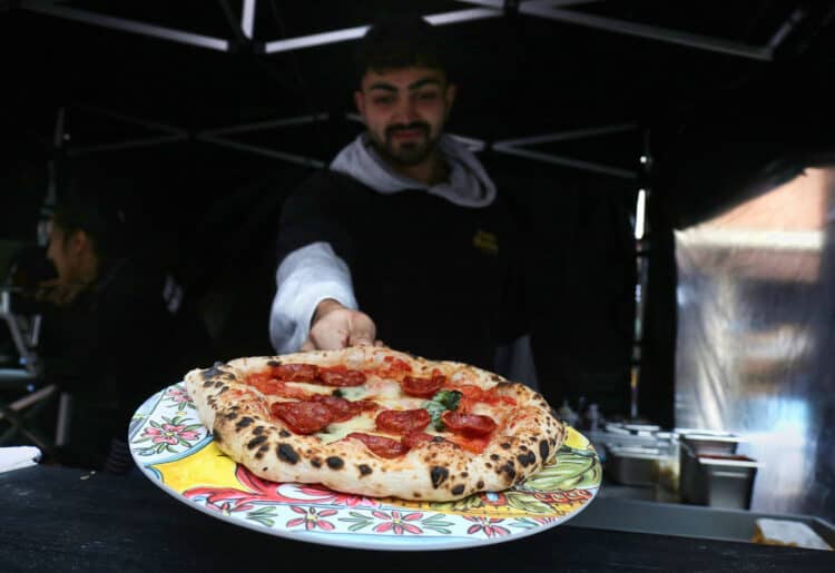 Wokingham and Reading Today; 11th December 2021; Blue Collar Street Food event at Market Place; Sarv?s Slice: Wood fired Italian pizzas