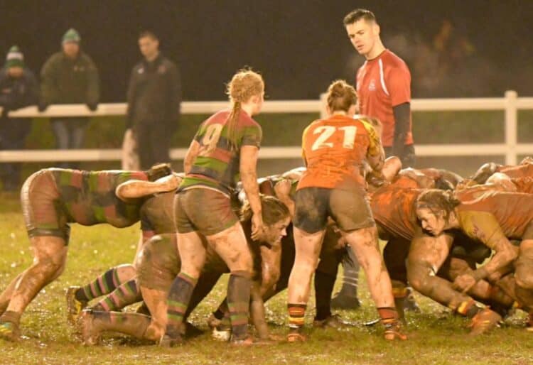 Debutant Alex Wilkinson watches her opposite number feed into the scrum Picture: Col Palfrey