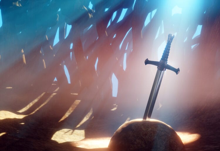 Legendary Excalibur sword in the rock.