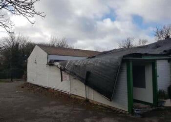 The wind-damaged roof of Shinfield Players Theatre