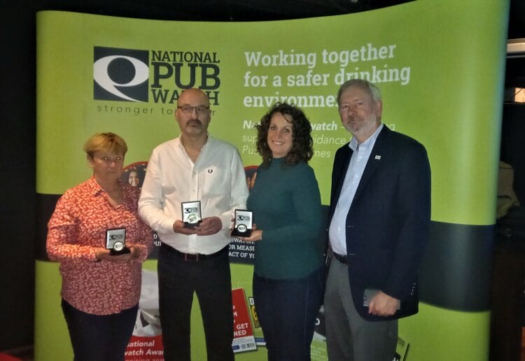 Pubwatch Star Award winners Sally Leonard (leftmost), Stuart McNaught, and Alexa Volker (second from right), with National Pubwatch chairmen, Steve Baker. Picture: Jake Clothier