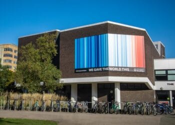 Palmer Building at the Univeristy of Reading showing its climate stripes.