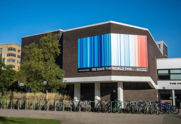 Palmer Building at the Univeristy of Reading showing its climate stripes.