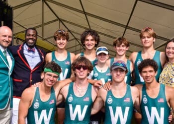 The Woodrow Wilson High School (USA) eight with alumni and HRR Steward Aquil Abdullah (second from left) Pictures: Alistair Craigie