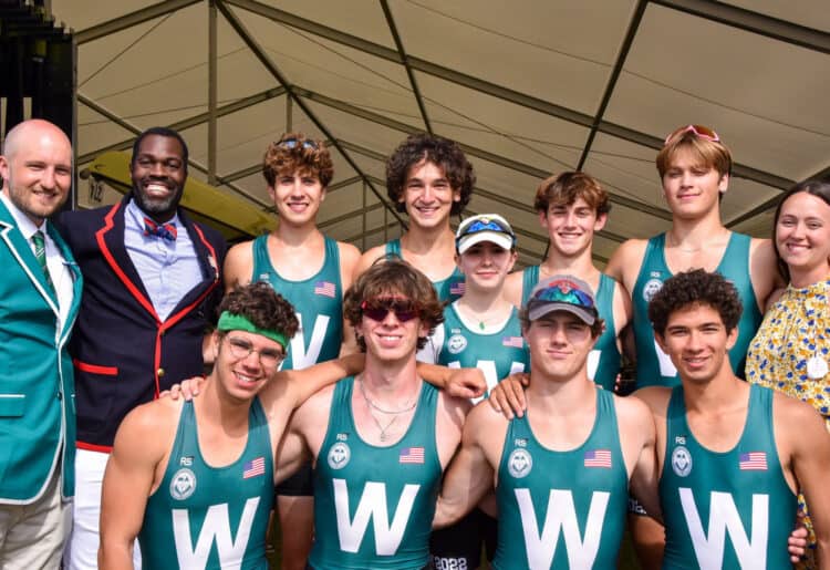 The Woodrow Wilson High School (USA) eight with alumni and HRR Steward Aquil Abdullah (second from left) Pictures: Alistair Craigie
