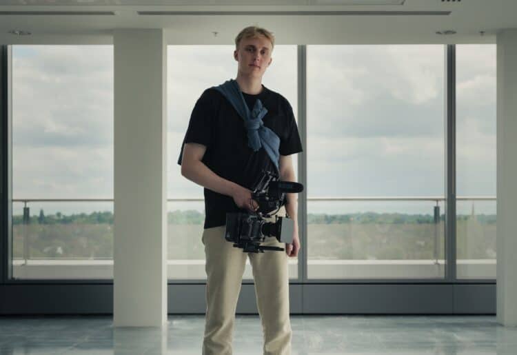 John Browning, Reading College student, who spent a week filming in The Blade's iconic external lift