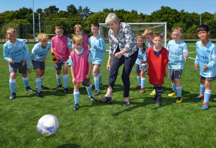 Waingels College celebrated their 50th Anniverary on Saturday.

Theresa May MP thought she would try out the new football pitch.