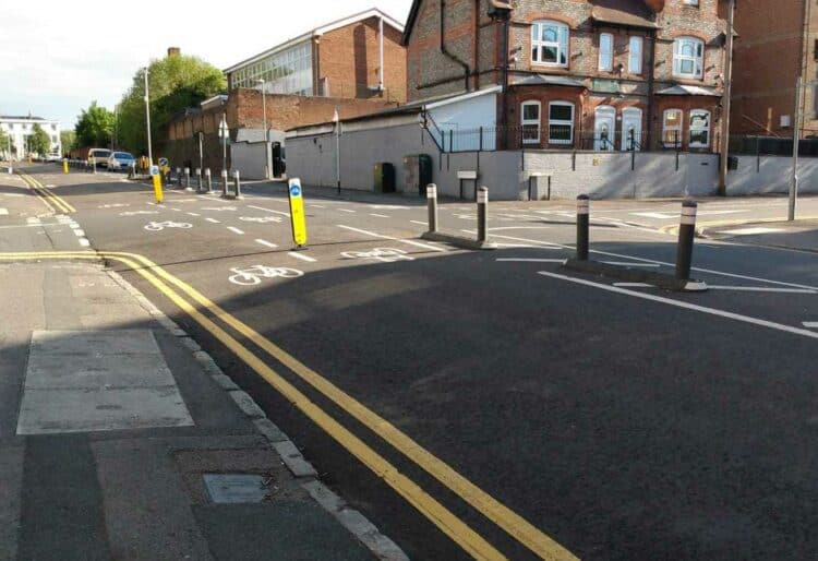 The cycle lane in Sidmouth Street, Reading. Barriers prevent cars from using the lane. Credit: James Aldridge, Local Democracy Reporting Service