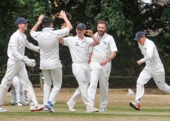 Emmbrook & Bearwood v Braywood 2s (batting) Emmbrook celebrate taking a wicket.
