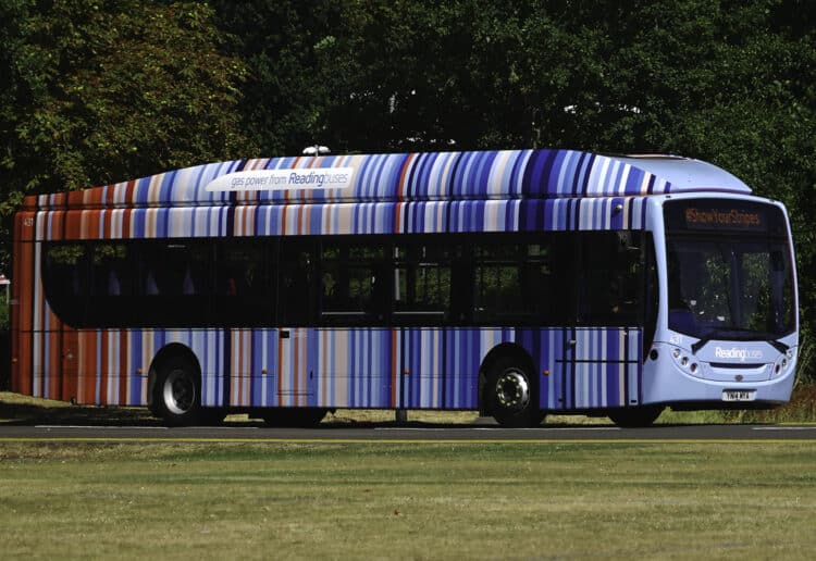 The Reading Buses climate stripes bus at the University of Reading