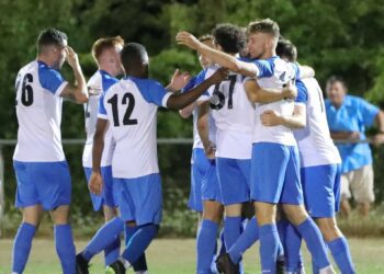 Eversley celebrate Ben Anderson's winner Pictures: Richard Milam