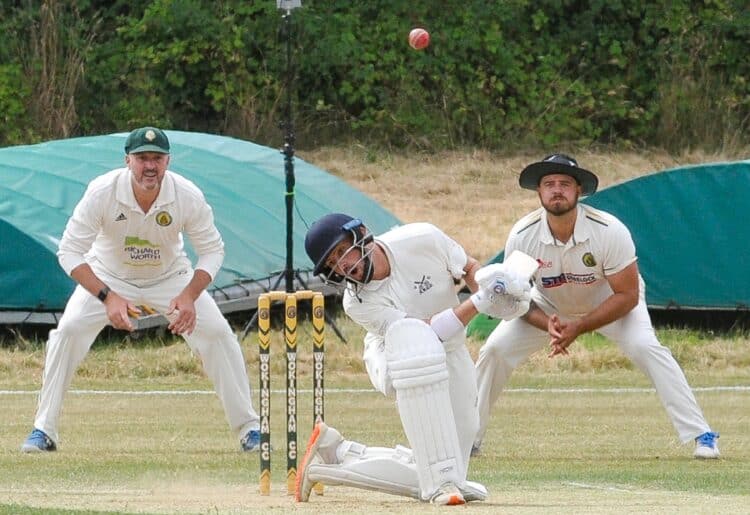 Wokingham v Aston Rowant (batting) Andy Rishton bowling to Olliver Ebsworth-Burland.