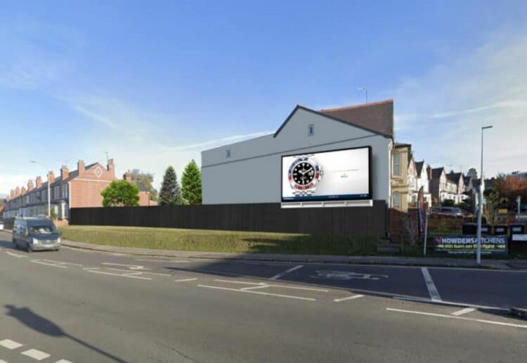 The proposed digital screen at the junction of Elgar Road South and Basingstoke Road in Whitley. Credit: JCDecaux / Google Maps