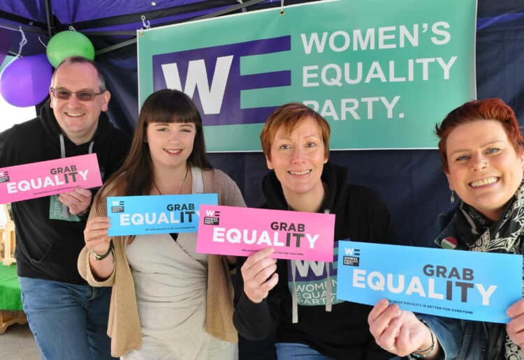 Jon Skeet, Olivia Hunter, Louise Tunlin and Charlotte Davis on the Womens Equality Party Stall on Wokingham Market on Saturday.