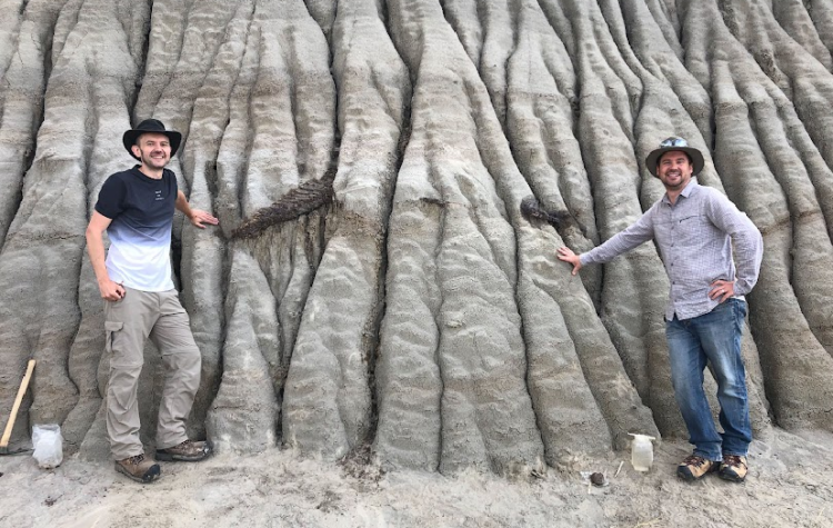 Dr. Brian Pickles and Caleb Brown stand at the partially excavated fossil, with some of the tail bones of the fossil exposed. Picture: Melissa Dergousoff, with kind courtesy of University of Reading