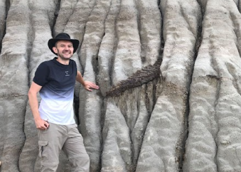 Dr. Brian Pickles and Caleb Brown stand at the partially excavated fossil, with some of the tail bones of the fossil exposed. Picture: Melissa Dergousoff, with kind courtesy of University of Reading