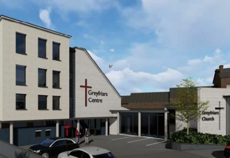 A CGI showing what the new signage would look like at Greyfriars Church in Friar Street, Reading Picture: Reade Signs
