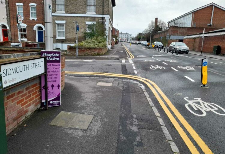 The cycle lane in Sidmouth Street, Reading. Barriers prevent cars from using the lane. Picture: Local Democracy Reporting Service