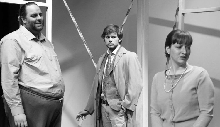 Matthew Beswick, left, Adam Wells, centre, and Faith Mansfield, as Philip, Oliver, and Sylvia, respectively. Picture: Richard Brown, courtesy of Progress Theatre