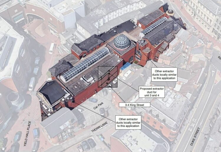 The external plan for the kitchen extractor duct for the new Bombay Brothers Indian restaurant in The Village mall, King Street, Reading town centre. Credit: Whitfield Design
