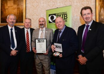 From left, Steve Baker OBE, chair of National Pub Watch; Lord Kennedy; Stuart McNaught, chair of Reading Pubwatch; Bill Donne, secretary to Reading Pubwatch; and Nigel Connor, JD Wetherspoon