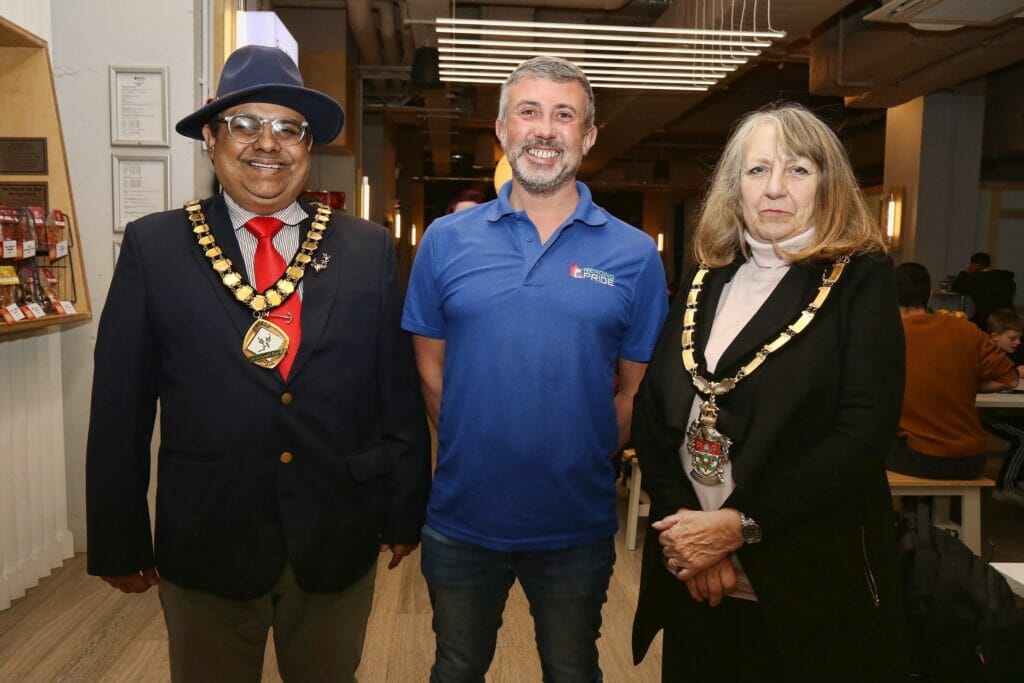 Ankur Shiv Bhandari, mayor of Bracknell Forest, Reading Pride's Tom Price, and Wokingham Borough Council mayor Caroline Smith. Picture: Dijana Capan/DVision Images
