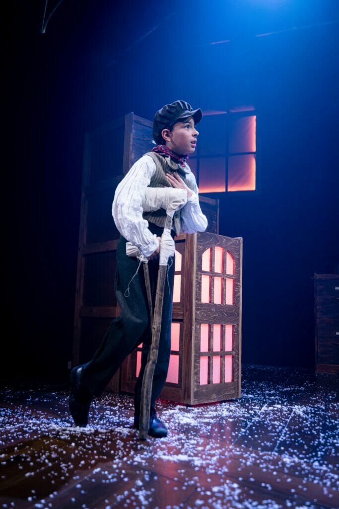 Reading Rep Youth Theatre's Frankie Maddicks portraying Tiny Tim. Picture: Harry Elletson, courtesy of Reading Repertory Theatre