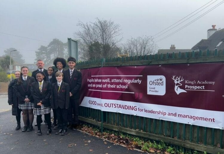 Pupils and headteacher David Littlemore celebrate King\'s Academy Prospect school's good OFSTED rating. Picture: King's Academy Prospect