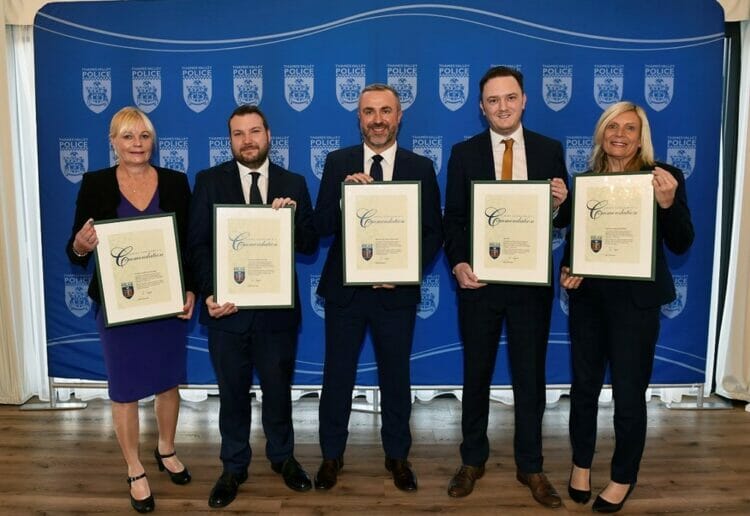 Detective Constable Sara Di Giorgio, Detective Sergeant Chris Cooper, Detective Superintendent Andy Howard, media officer Jack Abell, and DC Julia Winmill with their awards. Picture: Courtesy of Thames Valley Police