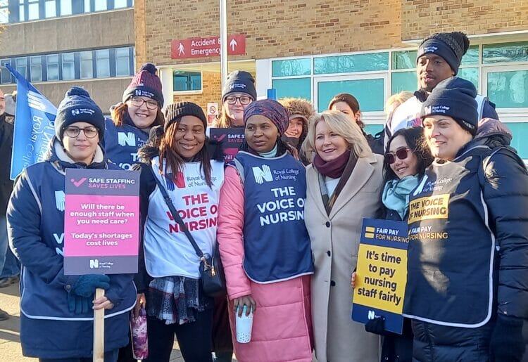 Nursing staff from the Royal Berkshire Hospital attending the picket line, including Filipa Vicente, furthest left, and Royal College of Nursing general secretary Pat Cullen, third from right. Picture: Jake Clothier