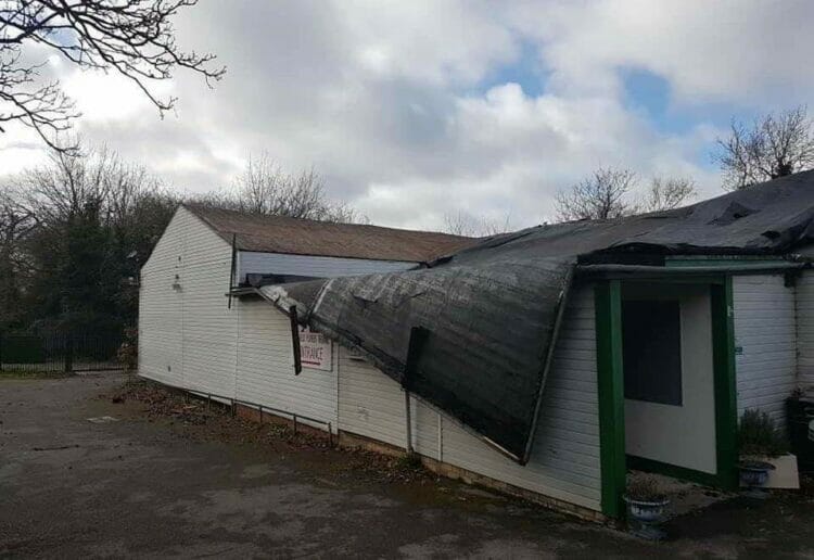 Wokingham and Reading Today; 19 February 2022; Storm Eunice roof damage; Shinifeld Players Theatre