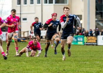 Ollie Allan chases the ball as he scores his first RAMS' try