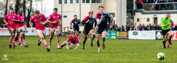 Ollie Allan chases the ball as he scores his first RAMS' try