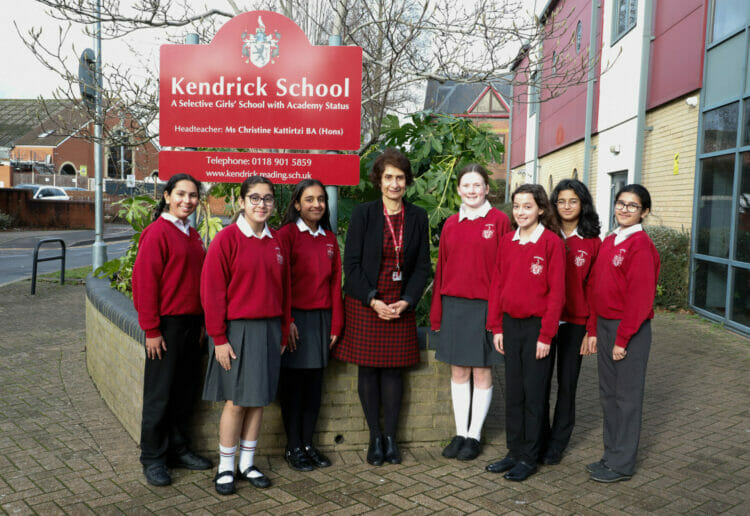 Pupils and headteacher Ms Christine Kattirtzi celebrate an Outstanding OFSTED at Kendrick School in Reading. Credit: Lynne Shaw Photography