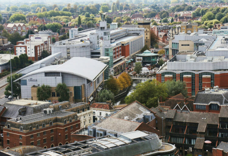 View from The Blade building in Reading, Berkshire; Photo by Dijana Capan; DVision Images; View towards The Oracle Shopping centre and central Reading area