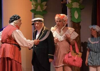 From left, Jan Charlton as Scurvy Sal, Bruce Thomas as Captain Birdseye, Barrie Davies as Auntie Chrissie, and Tracy Harrison as Emily. Picture Lesley-Anne Collins, courtesy of Triangle Players