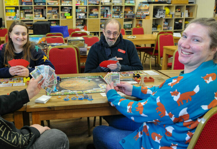 Players taking part in the Games Tournament at Eclectic Games in Reading.

James Treherne, Penny Sentance, Darrell Ottey and Fiona Richards,