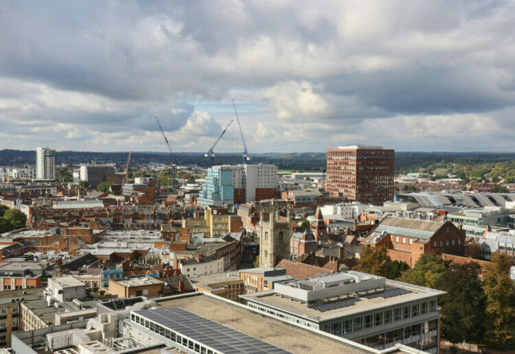 View from The Blade building in Reading, Berkshire; Photo by Dijana Capan; DVision Images; View towards train station