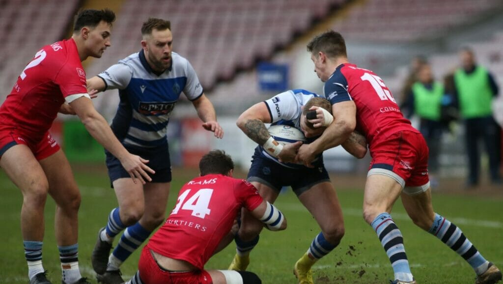 during the National Division 1 match between Darlington Mowden Park and Rams RFC at the Northern Echo Arena, Darlington on Saturday 4th February 2023. (Photo: Michael Driver | MI News)