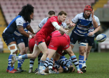 during the National Division 1 match between Darlington Mowden Park and Rams RFC at the Northern Echo Arena, Darlington on Saturday 4th February 2023. (Photo: Michael Driver | MI News)
