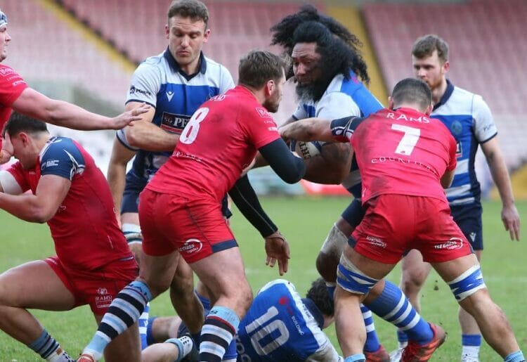 Darlington Mowden Park's Ali Ledingham attempts a kick through during the National Division 1 match between Darlington Mowden Park and Rams RFC at the Northern Echo Arena, Darlington on Saturday 4th February 2023. (Photo: Michael Driver | MI News)