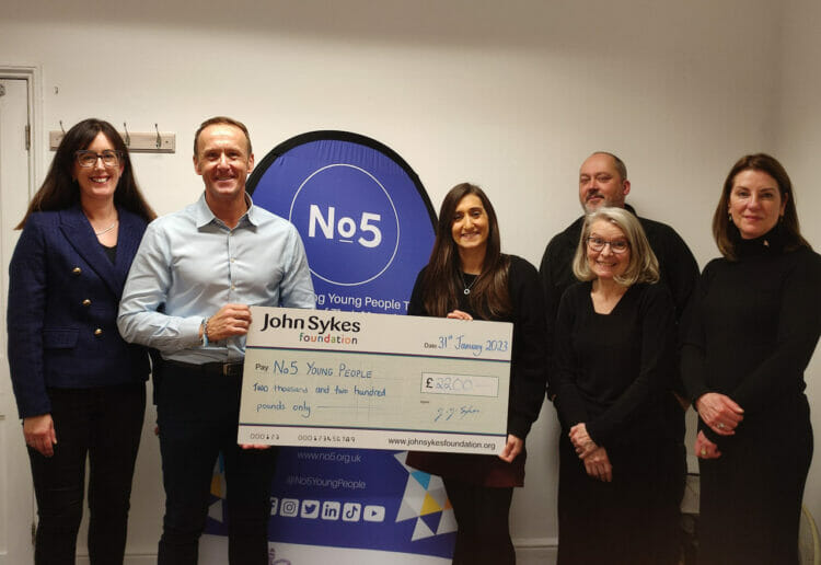 From left: Sian McCoubrey (Volunteer ? John Sykes Foundation), John Sykes (Founder and Chair of Trustees ? John Sykes Foundation), Carly Newman (Operations and Relationships Manager), Alyson Wylding (Director ? No5 Young People), Stuart Stephens, Amanda Stephens