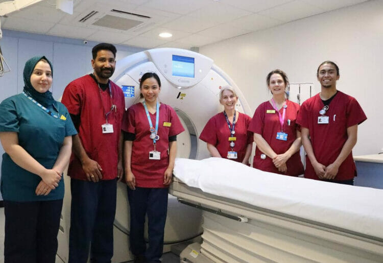 From left, Radiology Assistant Isra,and CT Radiographers Vinesh, Valerie,Sarah, Ruth and Jeff.  Picture: Courtesy of the Royal Berkshire NHS Foundation Trust