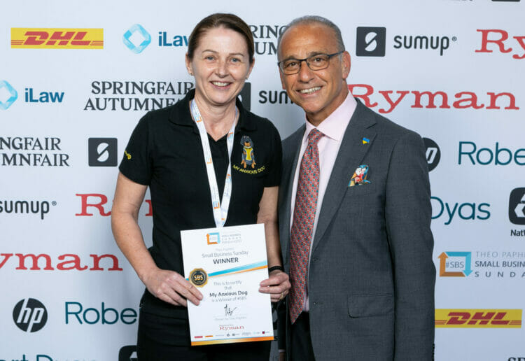 Sarah Jones, owner of My Anxious Dog, with Dragon's Den star Theo Paphitis