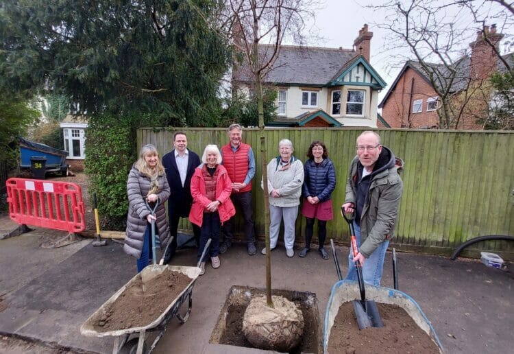 For the future: From left Lead Member for Environmental Services and Community Safety Karen Rowland, Caversham ward councillors Matt Yeo and Jan Gavin, and residents (including Dan Winchester on far right) plant the tree in Kidmore Road